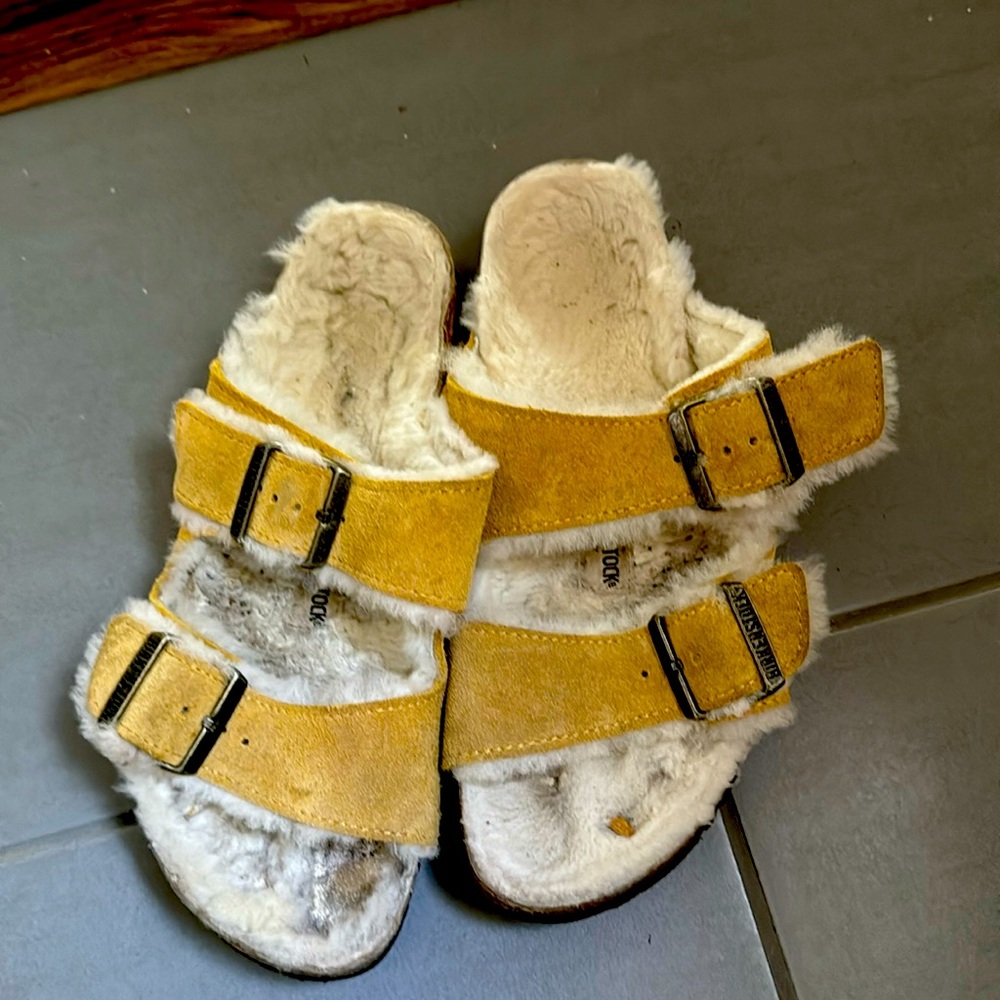 Fur lined Birkenstock sandals yellow suede size 38